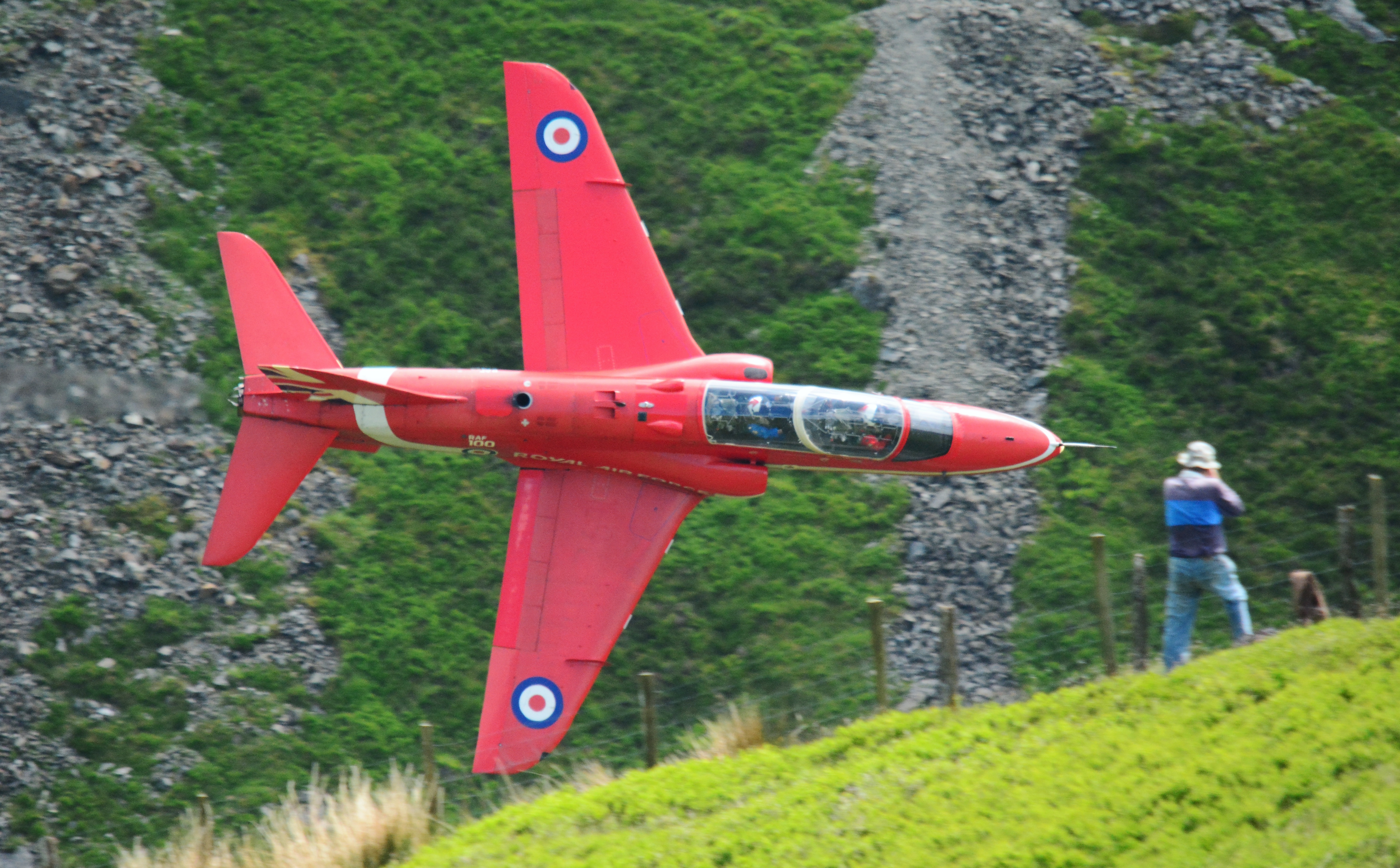 Fast jet flying through the Mach Loop in Mid Wales